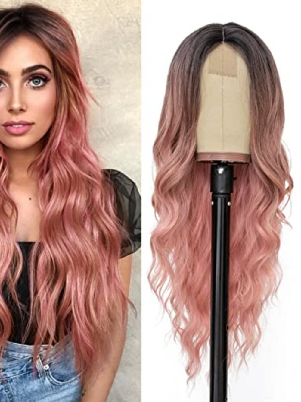 Long Ombre Pink Wavy‎ Wig for Women 26 Inch Middle Part Curly Wavy Wig Natural